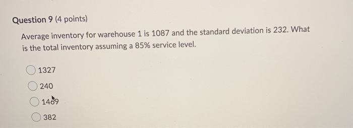 Question 9 (4 points) Average inventory for