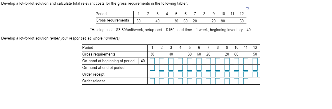 Develop a lot-for-lot solution and calculate