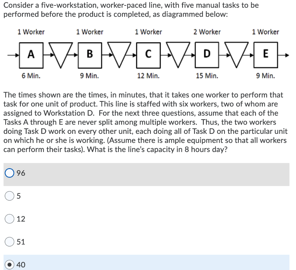 Consider a five-workstation, worker-paced line,