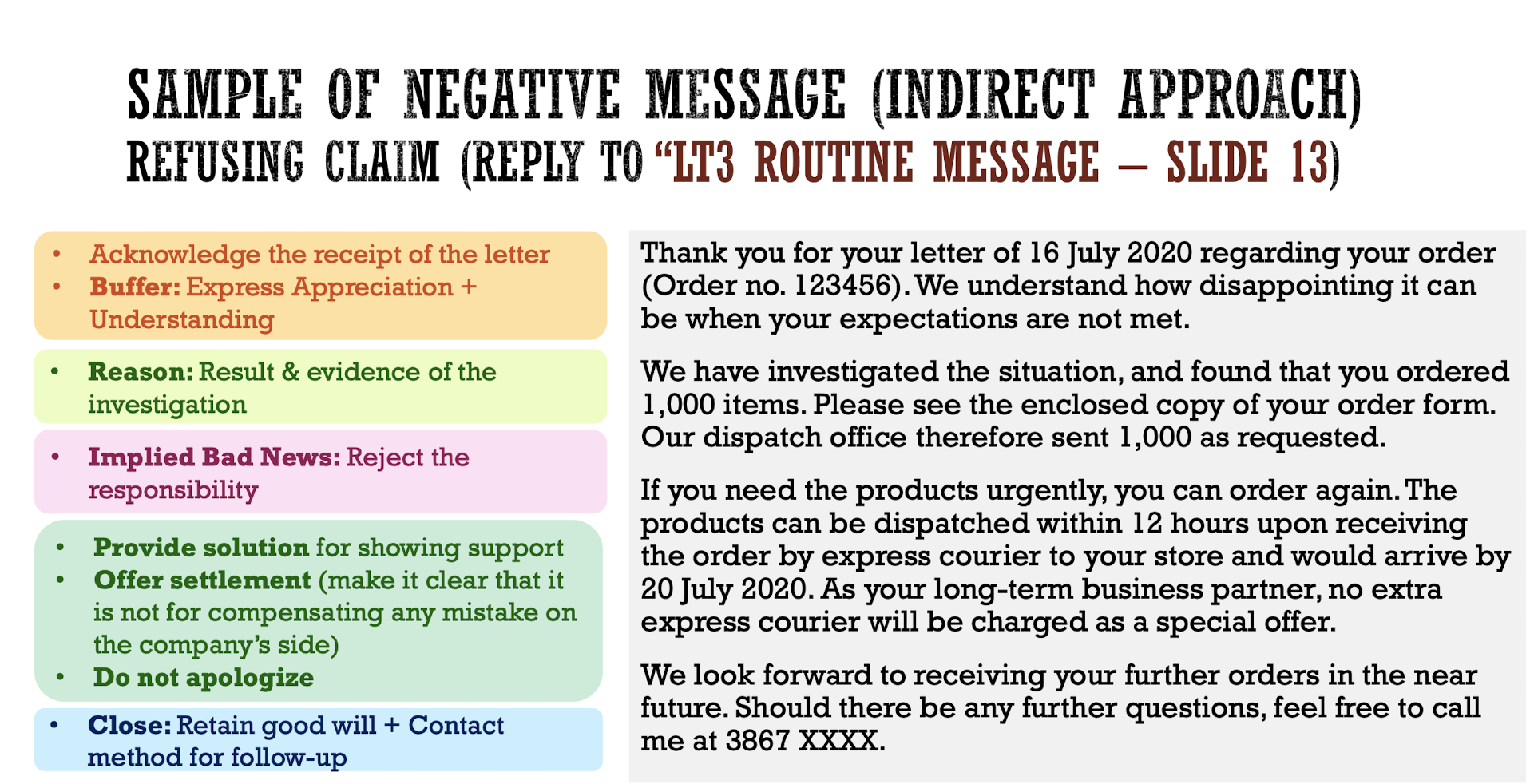 SAMPLE OF NEGATIVE MESSAGE (INDIRECT APPROACH)