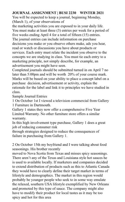 JOURNAL ASSIGNMENT | BUSI 2230 WINTER 2021 You