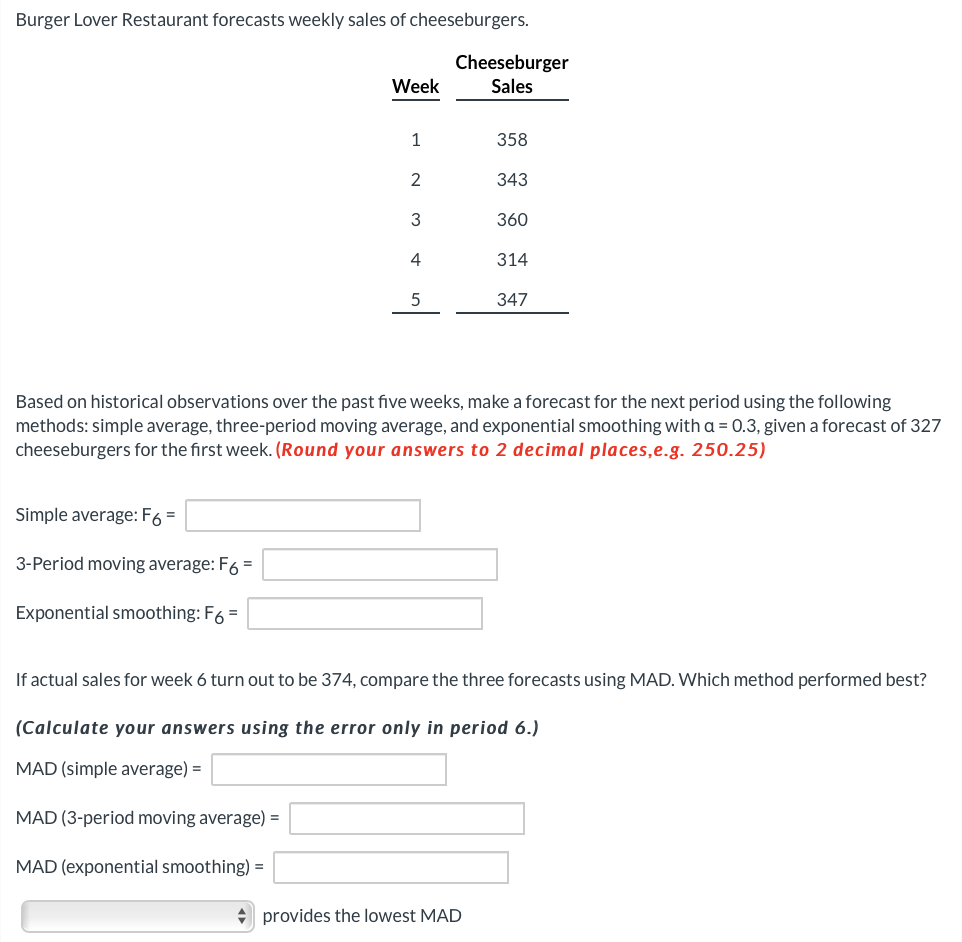 Burger Lover Restaurant forecasts weekly sales of