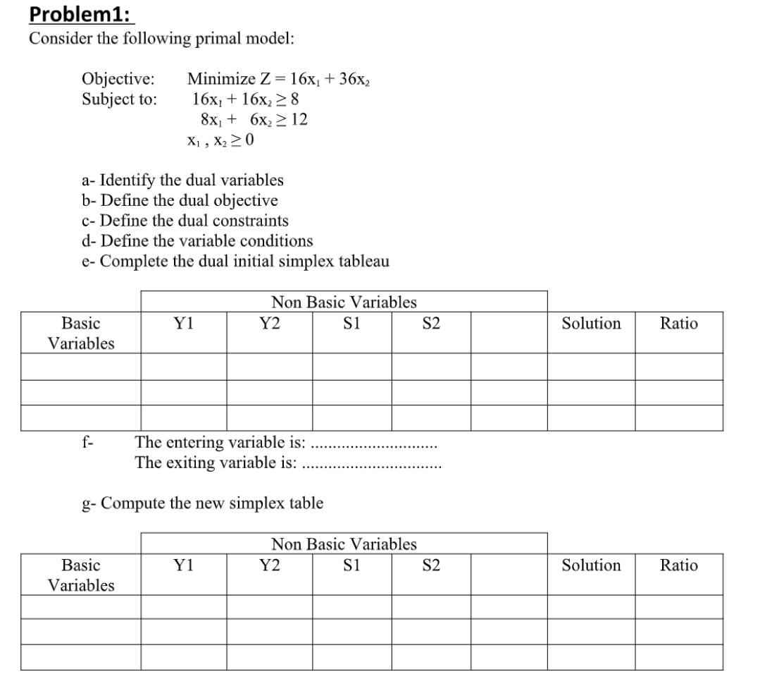 Problem1: Consider the following primal model: