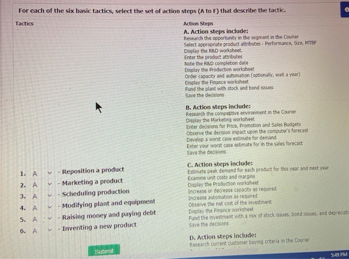 For each of the six basic tactics, select the set