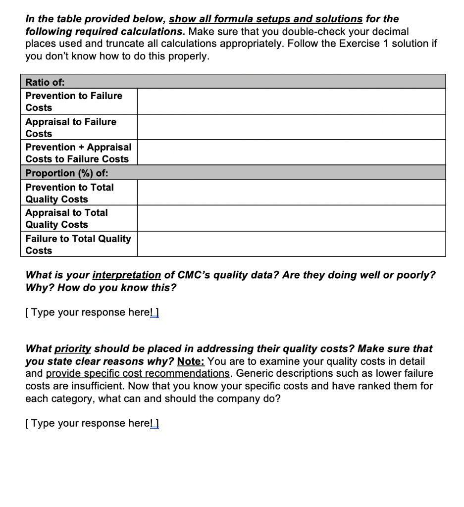 Exercise 2 is a quality cost analysis assignment.
