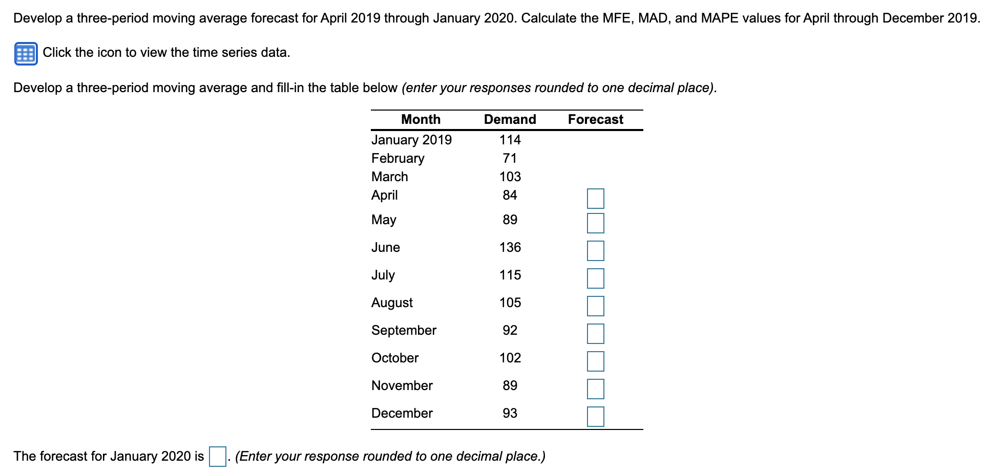 Develop a three-period moving average forecast