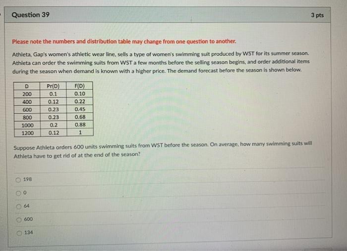 Question 39 3 pts Please note the numbers and