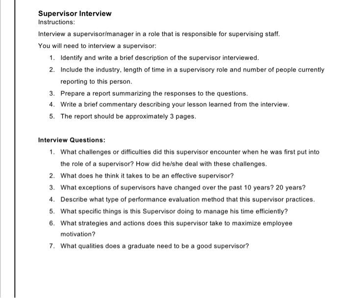 Supervisor Interview Instructions: Interview a