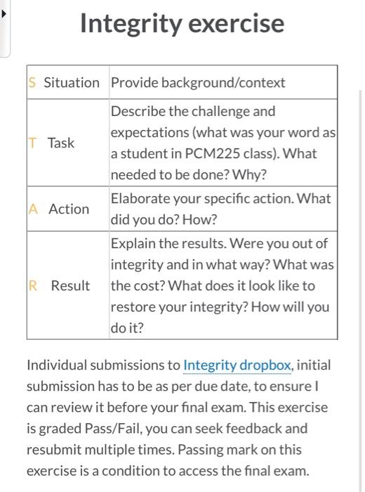 Integrity exercise S Situation Provide