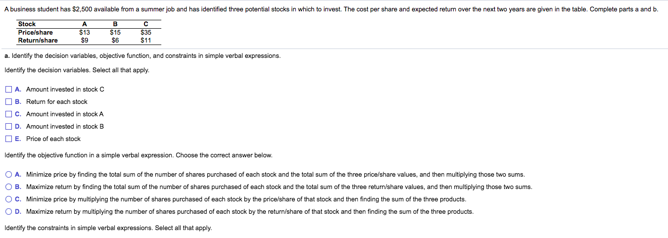 Part B OPTIONS ARE MINIMIZE OR MAXIMIZE, RETURN