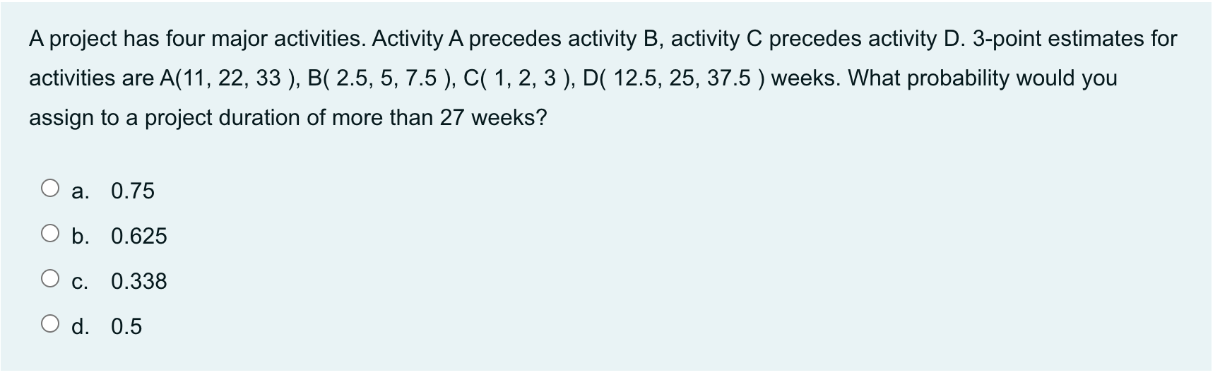 A project has four major activities. Activity A