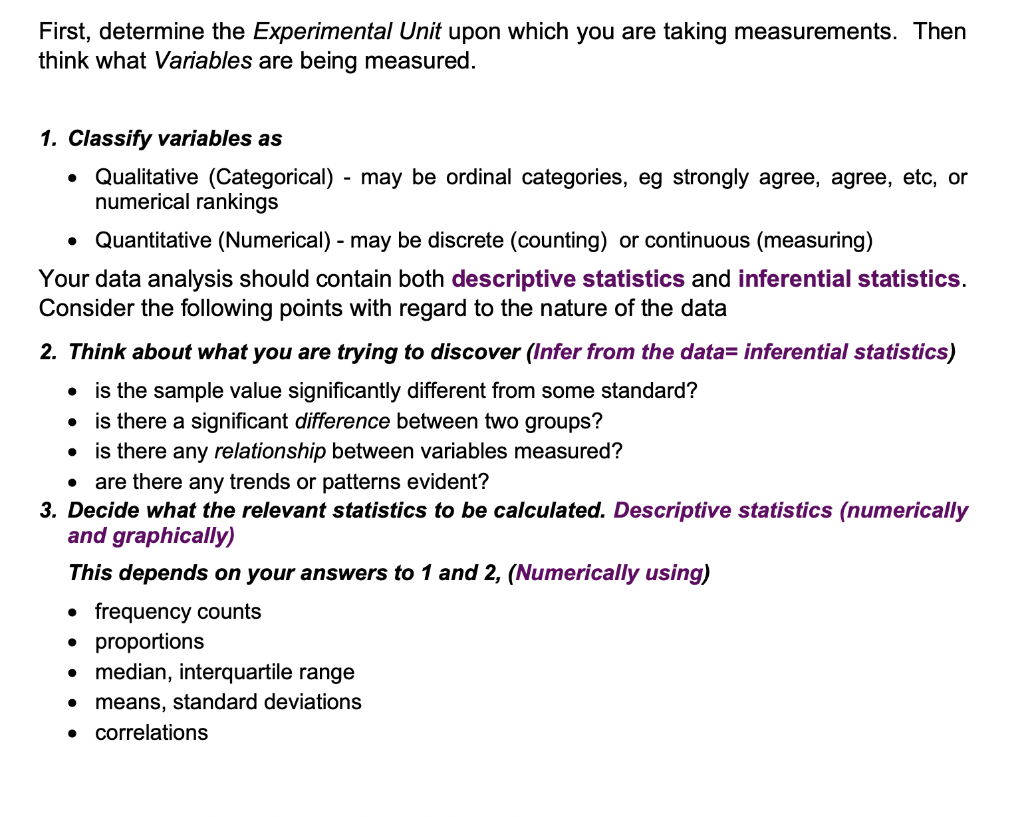 First, determine the Experimental Unit upon which