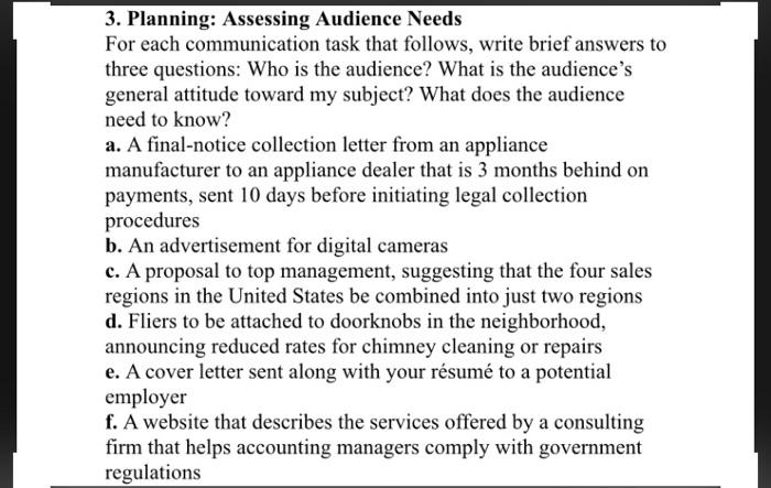 3. Planning: Assessing Audience Needs For each