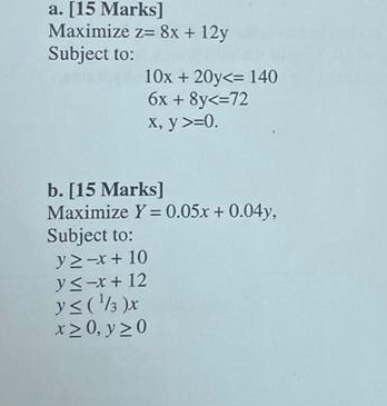 a. [15 Marks] Maximize z= 8x + 12y Subject to: