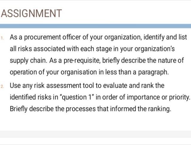 MANAGING RISK IN SUPPLY CHAIN ASSIGNMENT 1. As a