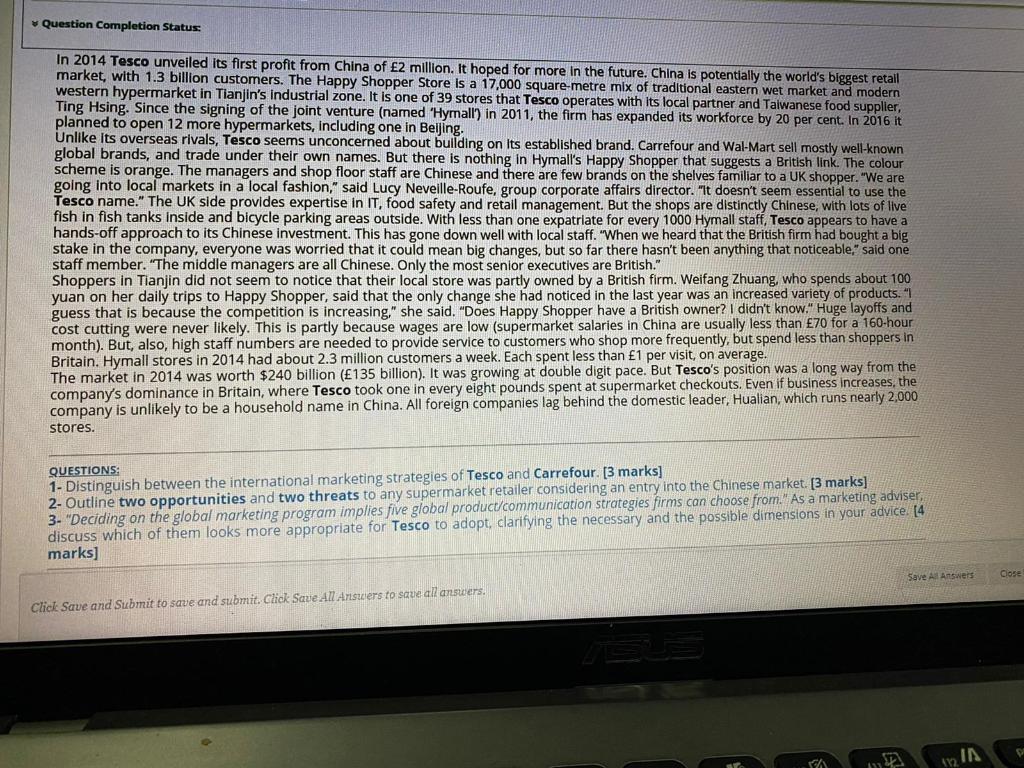 Question Completion Status: trade Tish In 2014