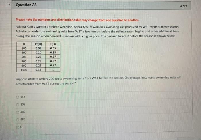 U Question 38 3 pts Please note the numbers and