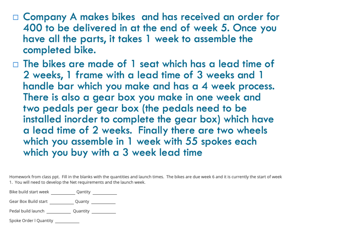 HELP! o Company A makes bikes and has received an