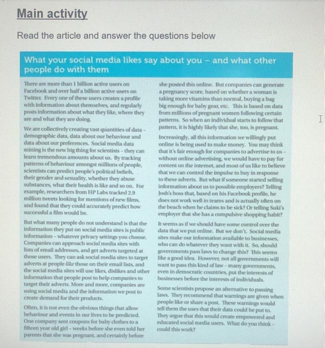 Main activity Read the article and answer the