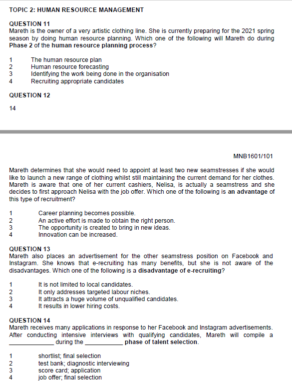 TOPIC 2: HUMAN RESOURCE MANAGEMENT QUESTION 11