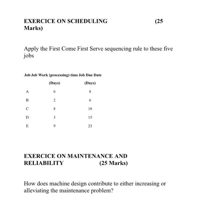 EXERCICE ON SCHEDULING (25 Marks) Apply the First