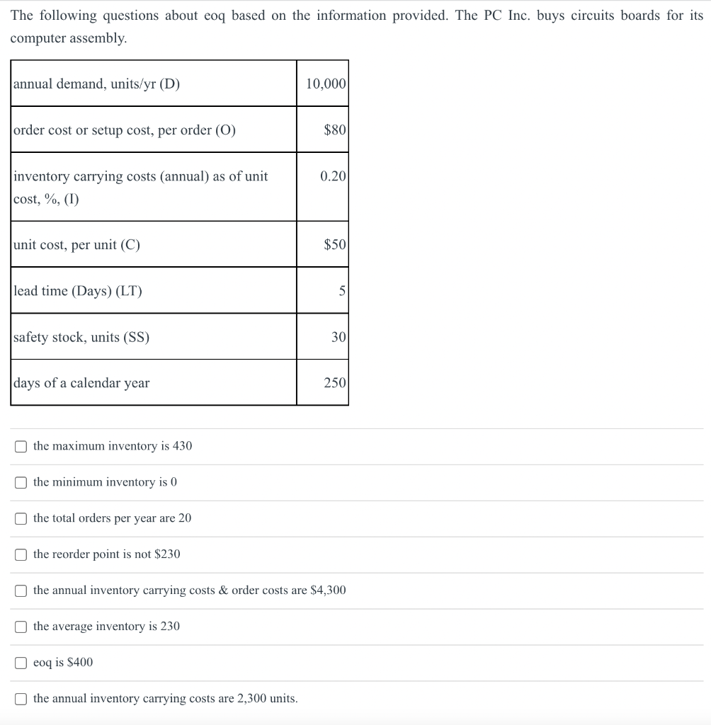 The following questions about eoq based on the