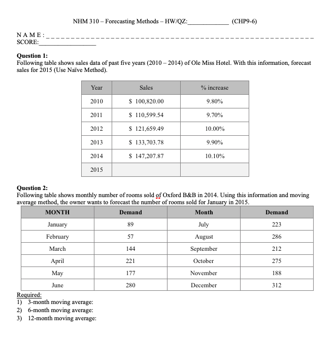 NHM 310 - Forecasting Methods - HW/QZ: (CHP9-6)