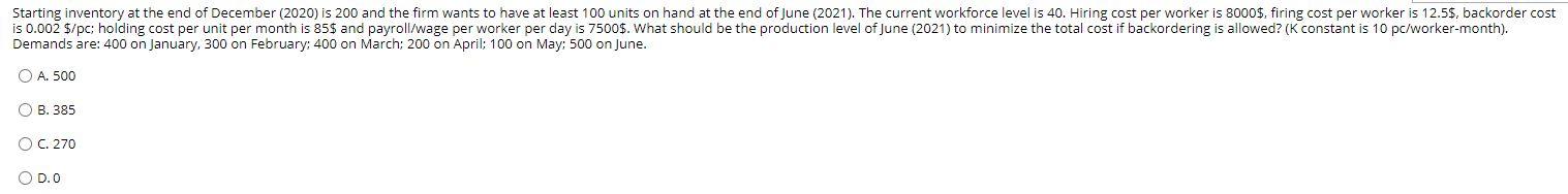 Starting inventory at the end of December (2020)
