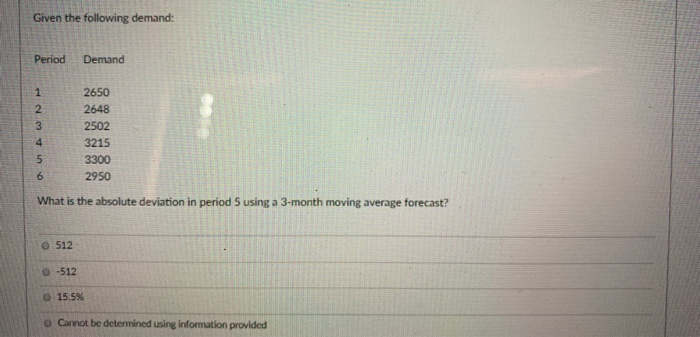Given the following demand: Period Demand 1 2 3