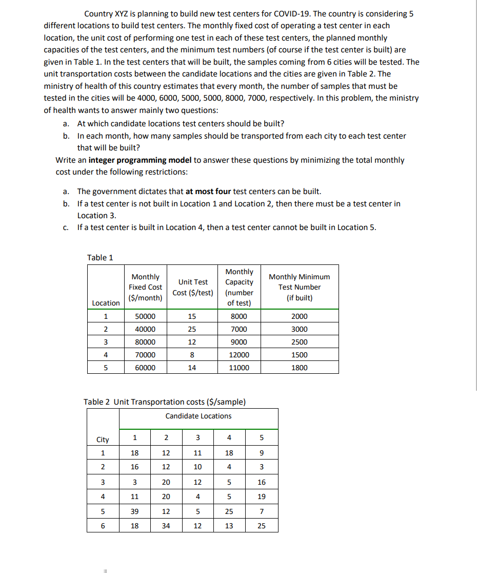 Country XYZ is planning to build new test centers