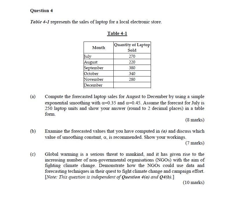 Question 4 Table 4-1 represents the sales of