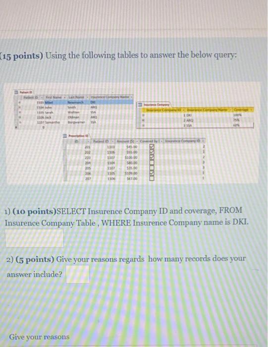 15 points) Using the following tables to answer