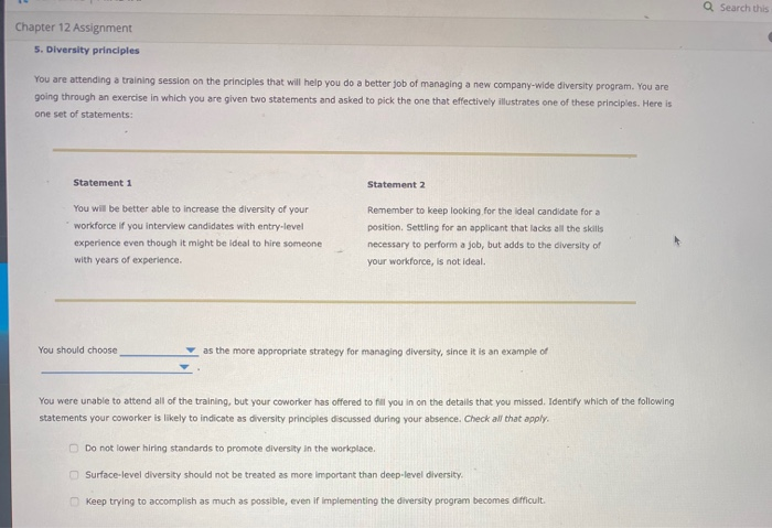 Search this Chapter 12 Assignment 5. Diversity