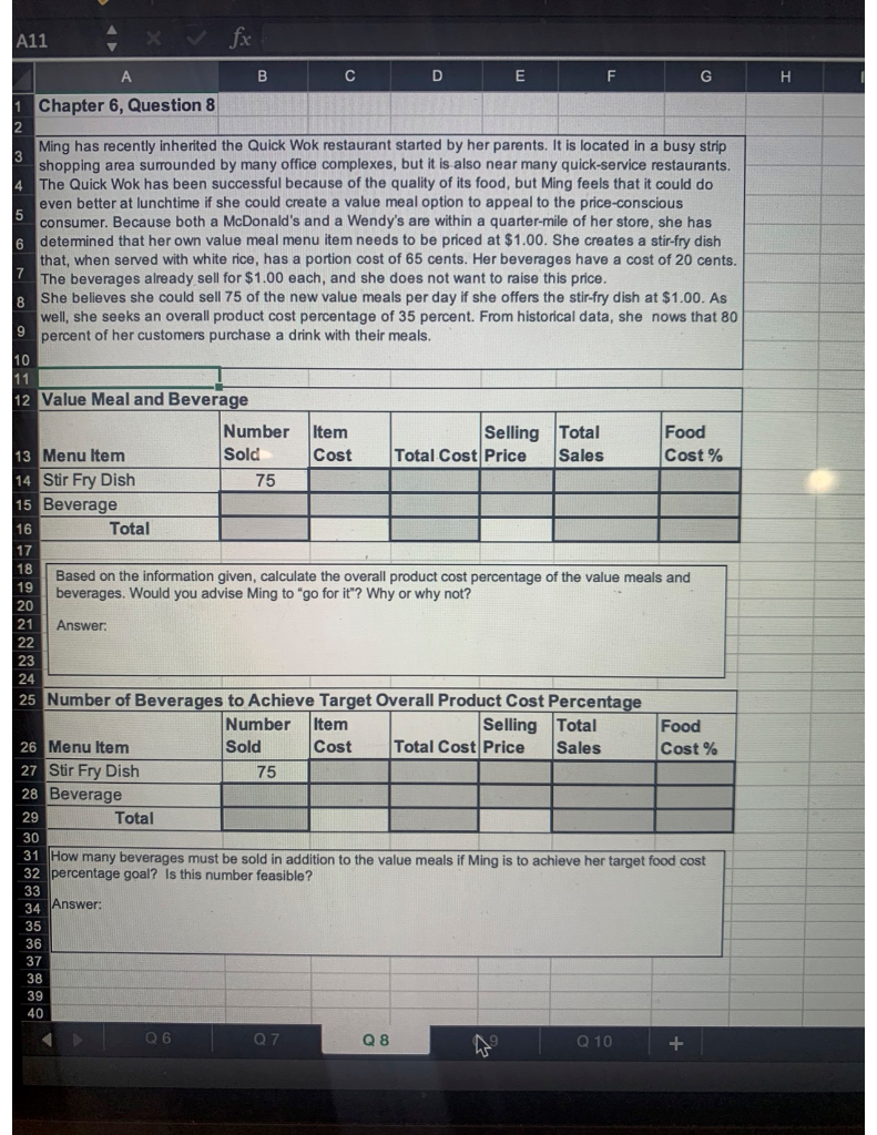 A11 x v fx B . C D E F G H 1 Chapter 6, Question