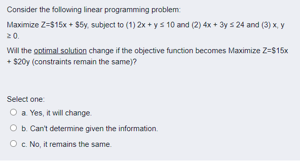 Consider the following linear programming