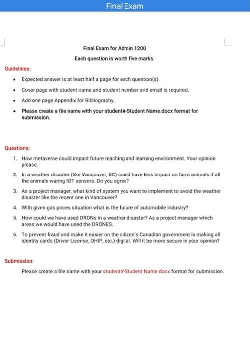 Final Exam Final Exam for Admin 1200 Each