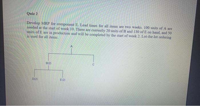 Quiz 2 Develop MRP for component E. Lead times