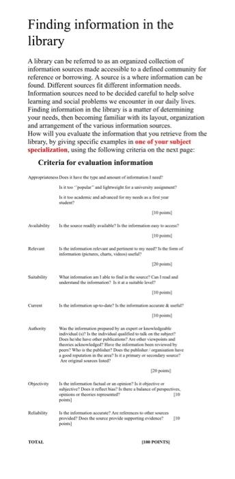 Finding information in the library A library can