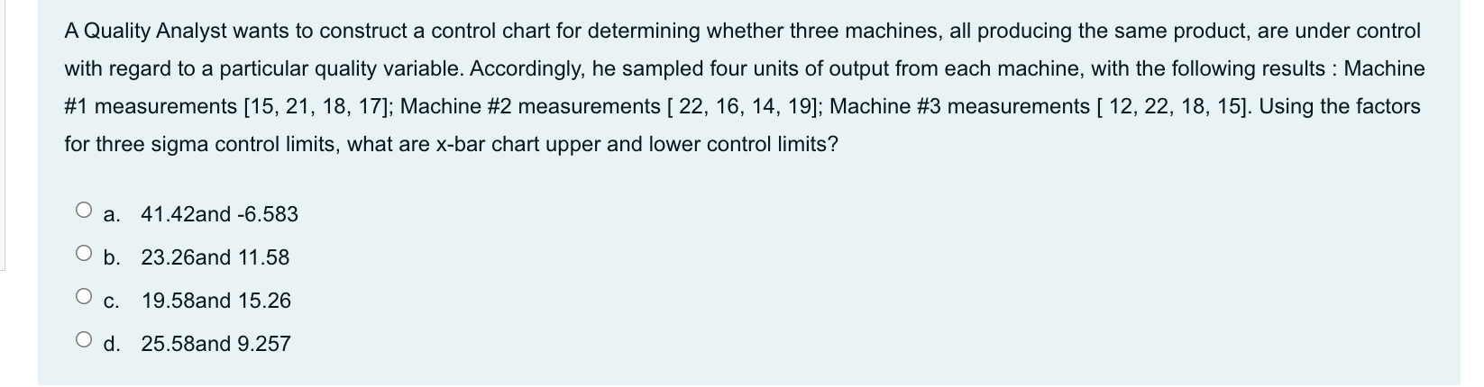 A Quality Analyst wants to construct a control
