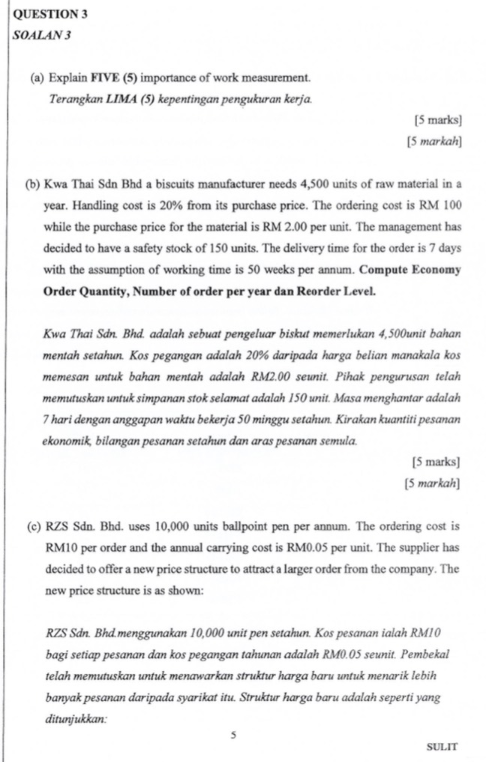 OALAN3 (a) Explain FIVE (5) importance of work