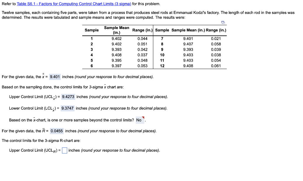 Refer to Table S6.1 - Factors for Computing