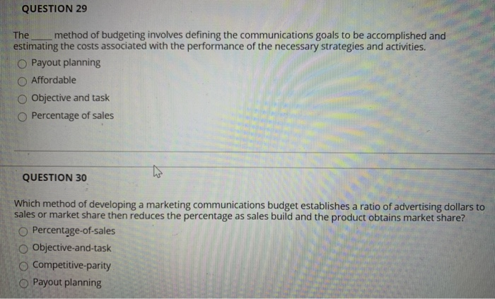 QUESTION 29 The method of budgeting involves