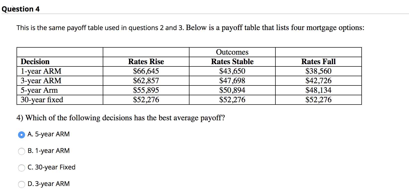 Question 4 This is the same payoff table used in