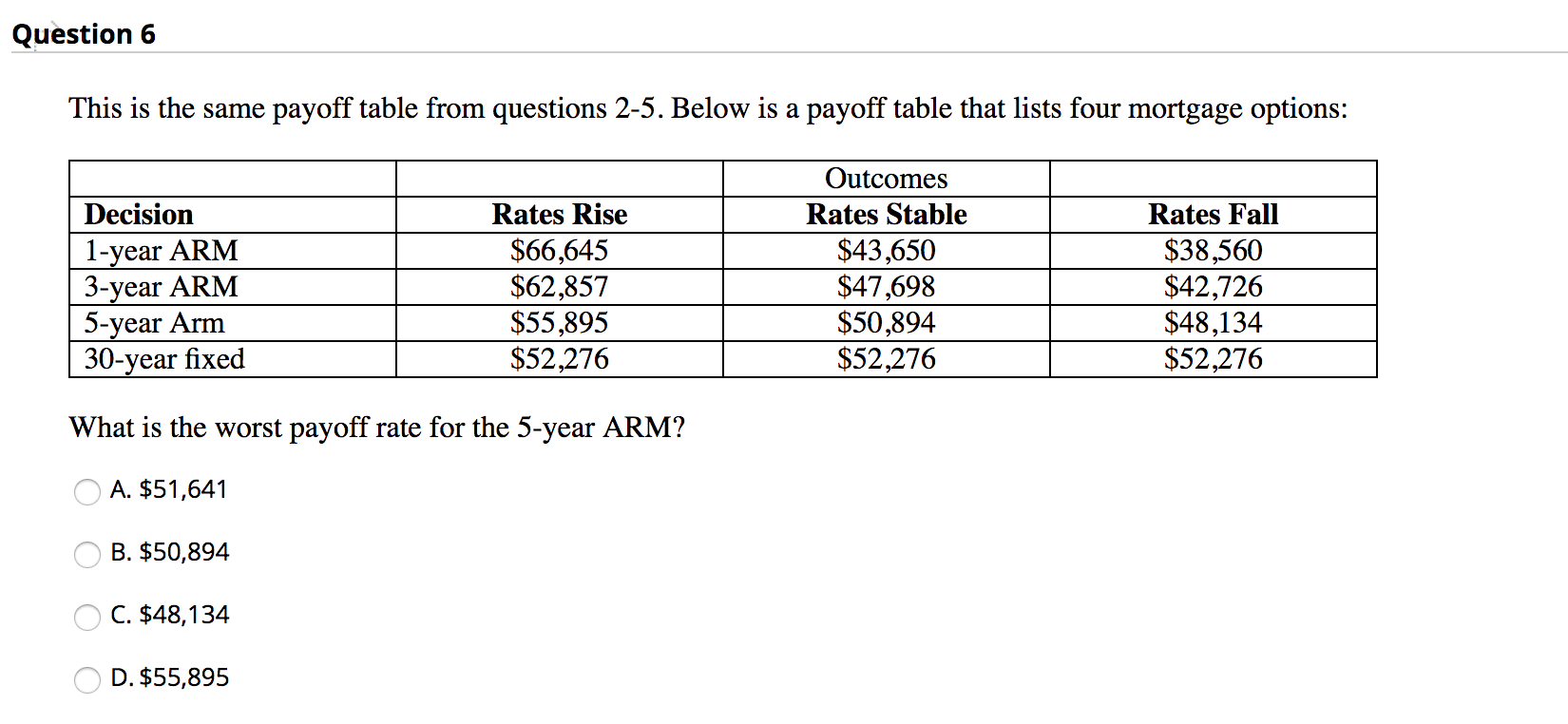 Question 6 This is the same payoff table from