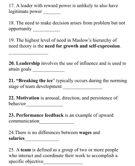 true and false 17. A leader with reward power is