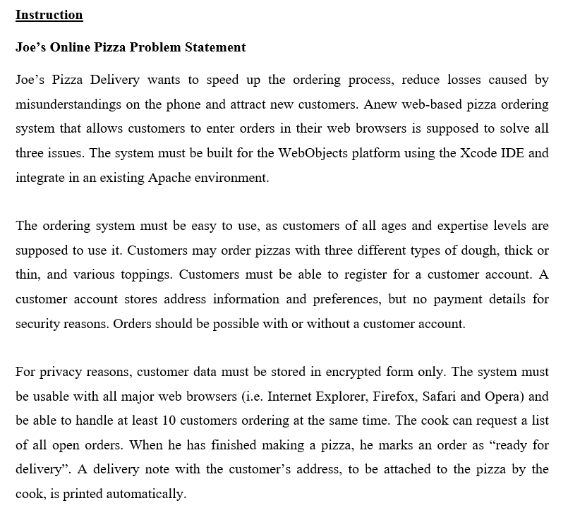 Instruction Joe's Online Pizza Problem Statement
