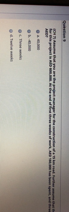 Question 9 (CH 7) Assume that you are the project