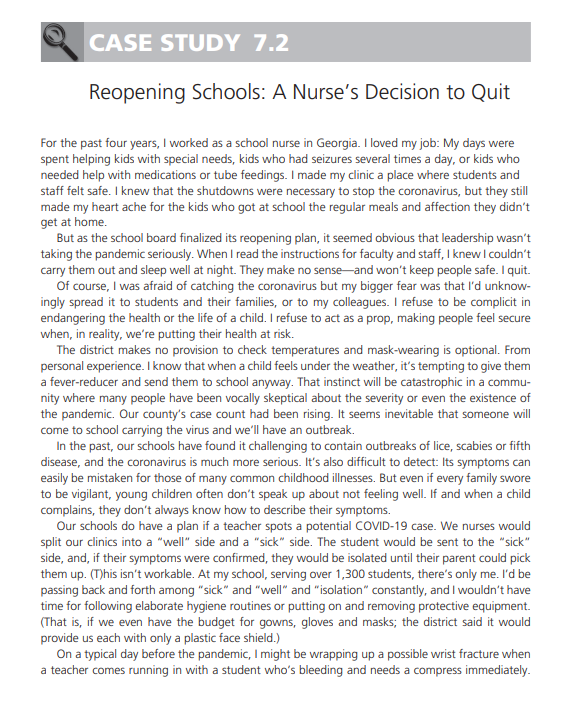 Analyze the nurses decision (Case 7.2) using the