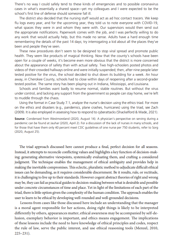 Analyze the nurses decision (Case 7.2) using the