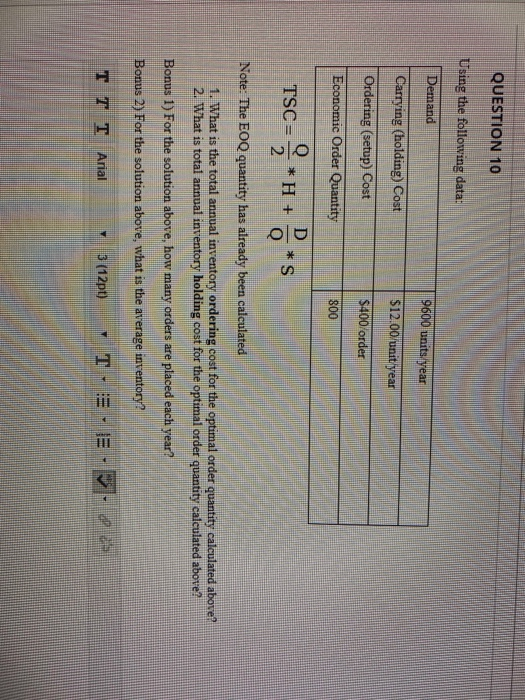 QUESTION 10 Using the following data: Demand